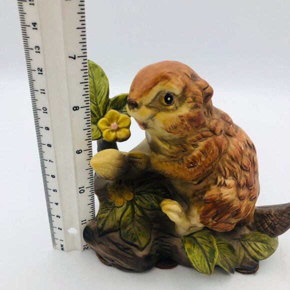 Vintage Hand-Painted Porcelain Beaver Figurine on Tree Flowers 5" Studio Made - Picture 9 of 9